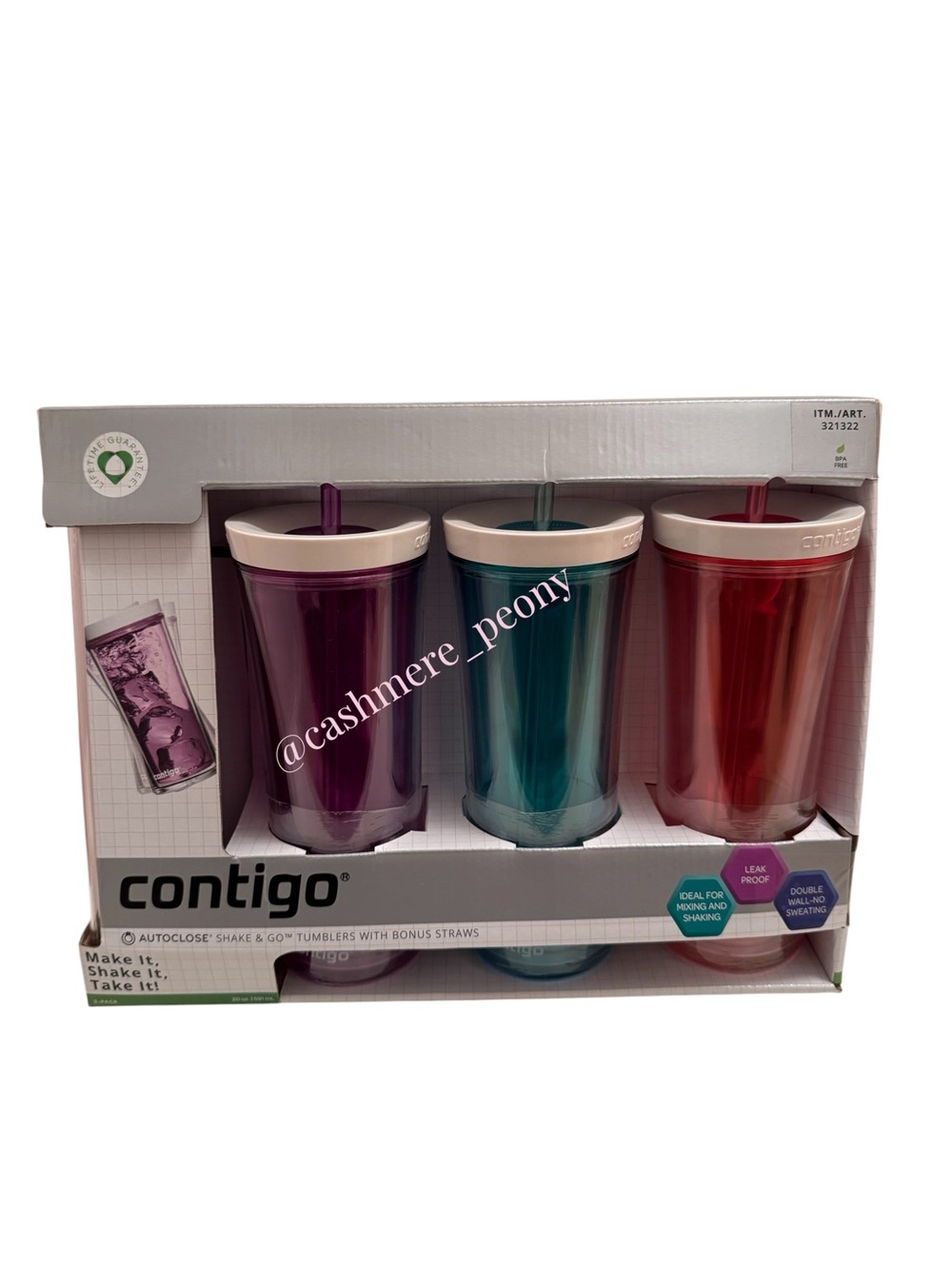 Contigo Set of 3 Auto Close Shake and Go Tumblers with Bonus Straws 20oz